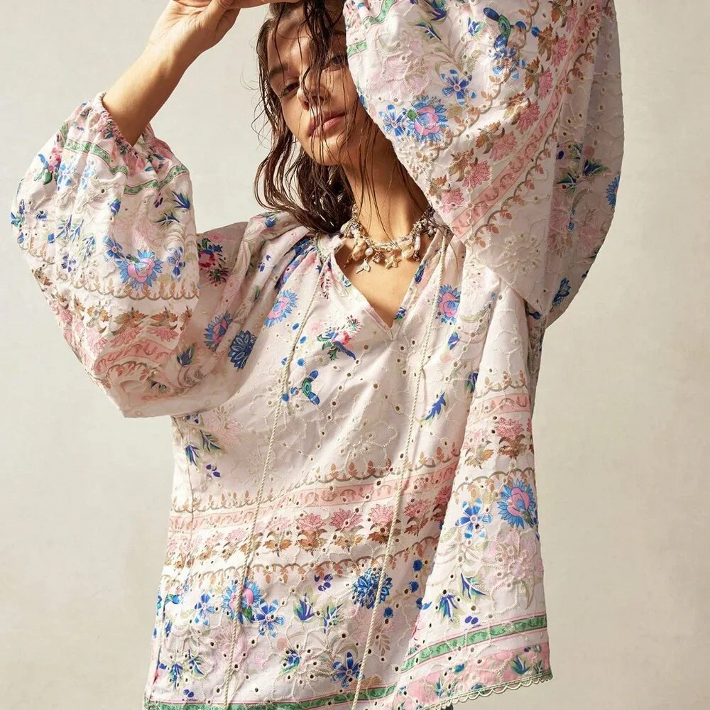 Boho Women's Plus Size Floral Print Hollow Out Embroidered Lantern Sleeve top - Picture 6 of 7